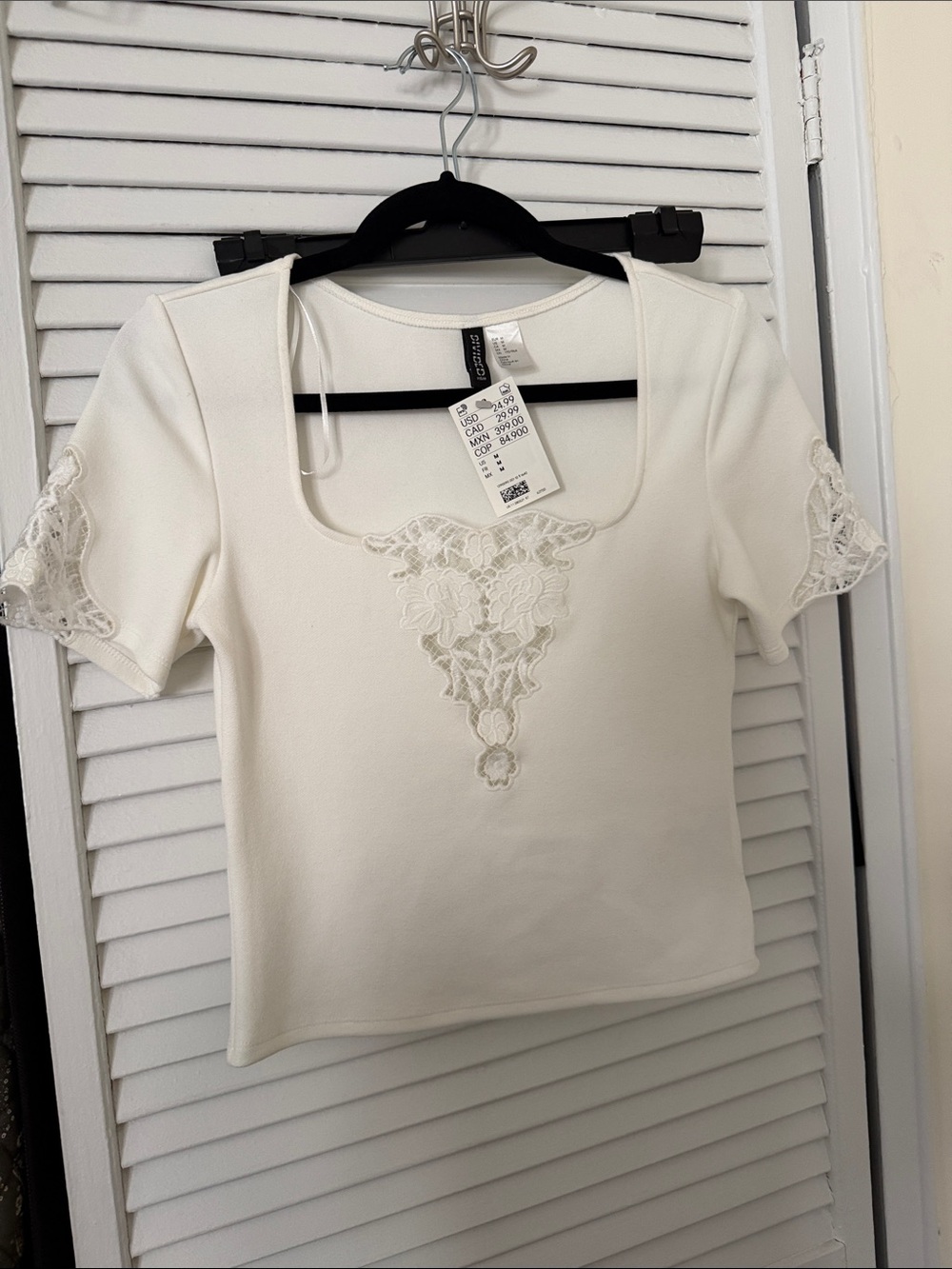 H&M Ivory Lace-Applique Square Neck Crop Top